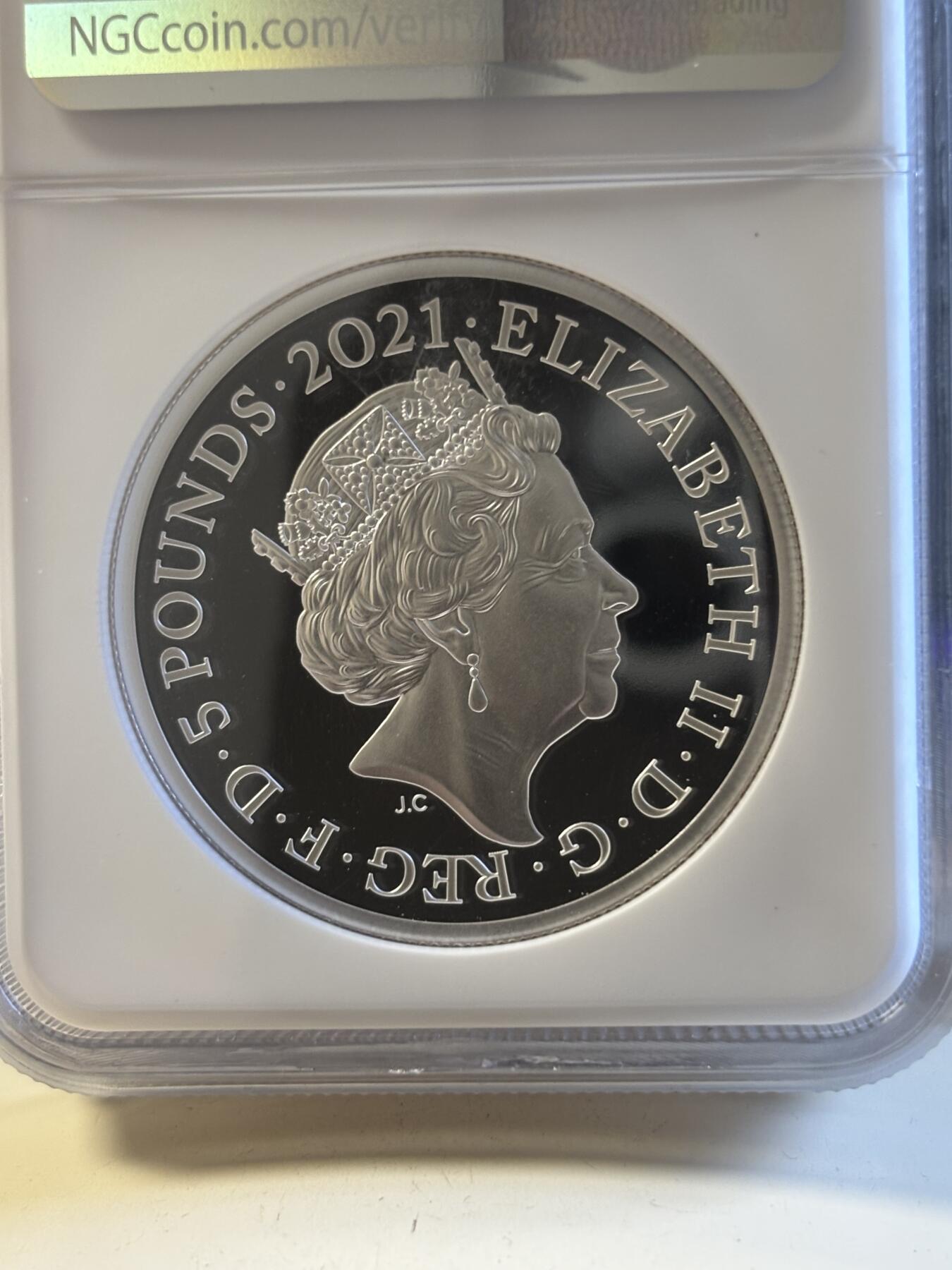 第181期拍卖  2021年英国5镑精制纪念加厚银币 雕刻师哥特人像NGC PF69无盒无证书，2盎司，999银