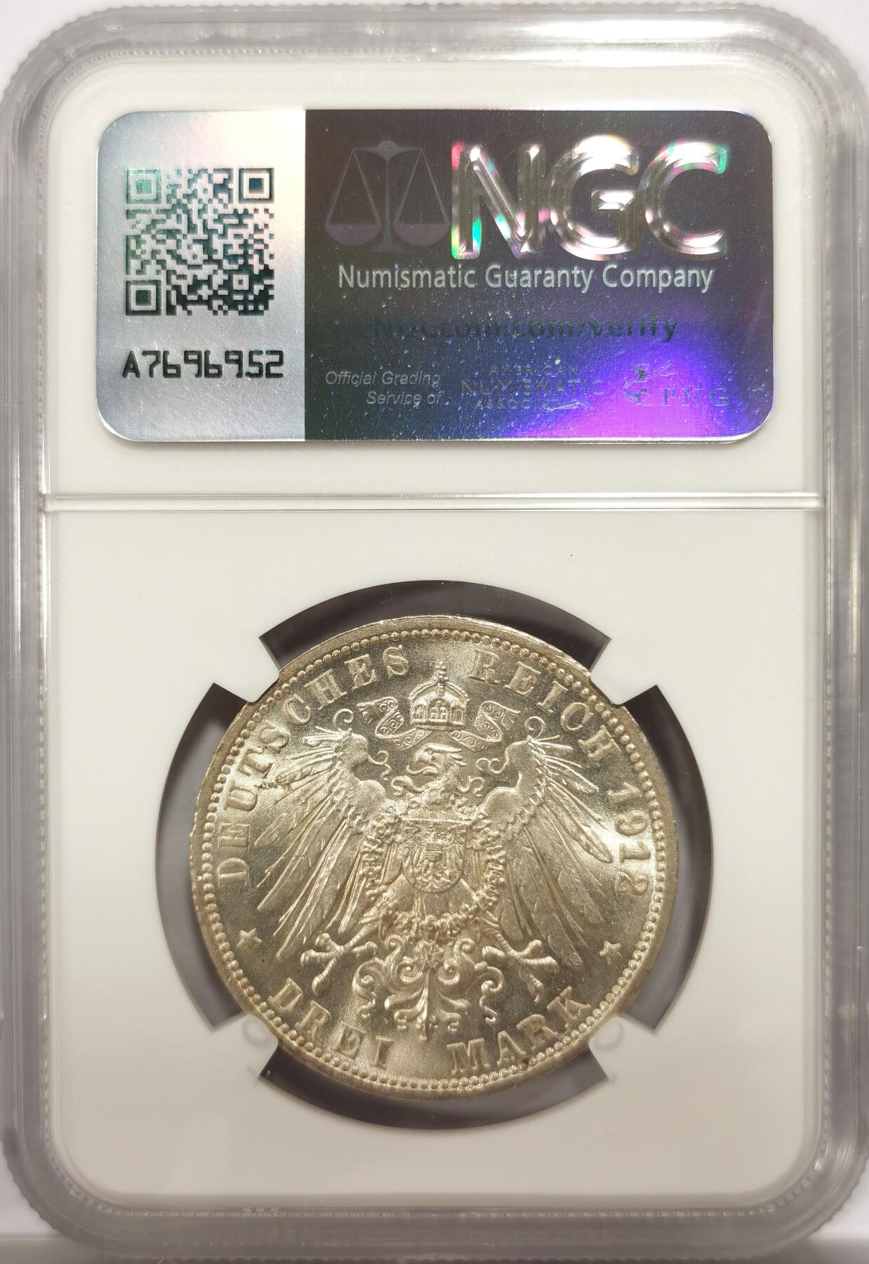 博洋堂“物美丰成”11月精品专场暨第145期（全场包邮） NGC MS65 德国符腾堡1912年威廉二世大公流通3马克银币，粉光，底板丝滑，状态绝佳。