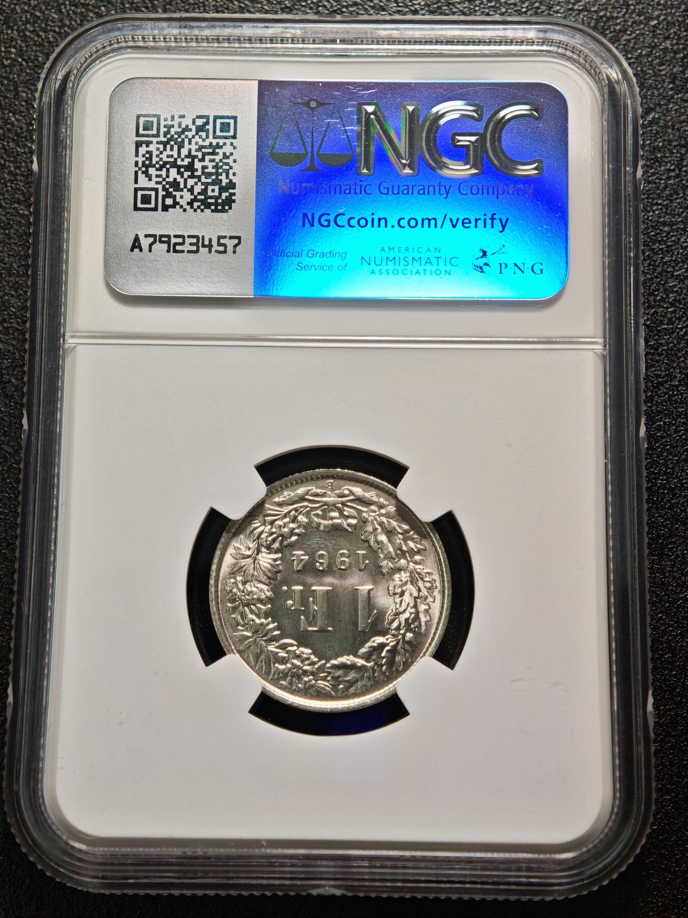 【德藏】世界币章拍卖第152期（拍品征集中~欢迎藏友联系） 1964年 瑞士法郎银币  原光十足 NGC MS67