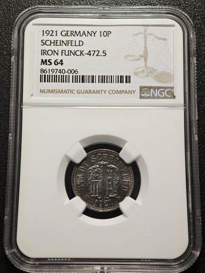 【德藏】世界币章拍卖第152期（拍品征集中~欢迎藏友联系） - 1921年 德国紧急时期施恩弗尔德10芬尼铁币  保存不易 状态极佳 NGC MS64