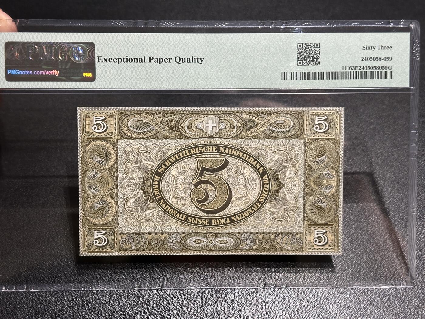 《外钞收藏家》第五百八十二期（精品场）（本平台长期征集拍品、欢迎藏友们联系合作） 1946年瑞士5法郎 PMG63E 无47靓号
