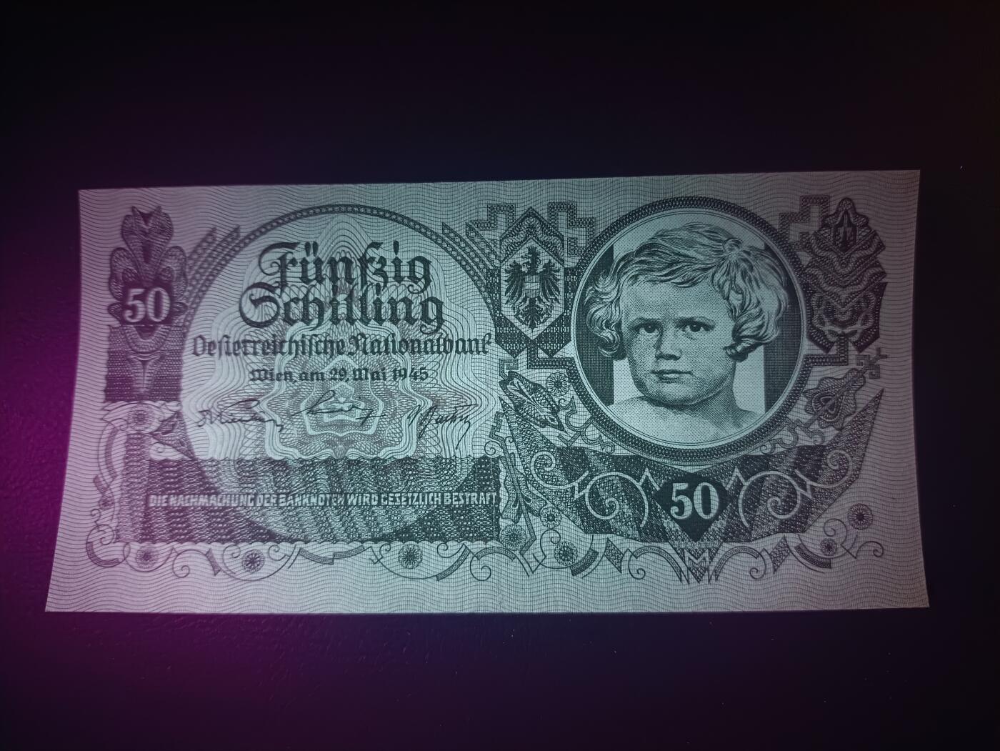 2025十一月第二期，总第200期 奥地利1945版50先令AUNC，二战结束后盟军托管期发行，理论上属于二战盟军军票的一部分