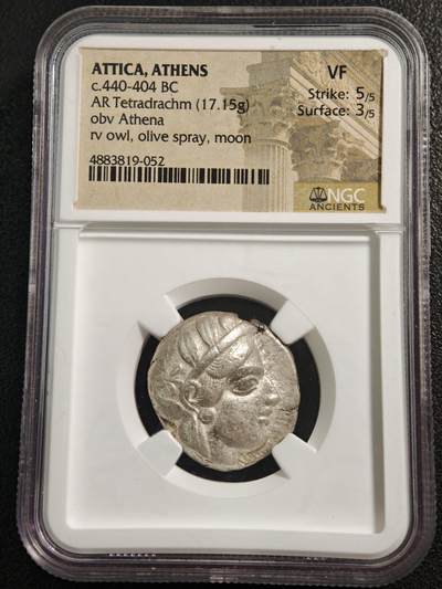 【德藏】世界币章拍卖第152期（拍品征集中~欢迎藏友联系） - 公元前440-404年 古希腊雅典猫头鹰四拉克马银币 图案打制立体感十足 NGC VF
