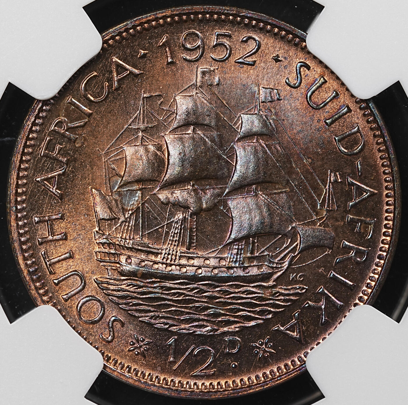 修遠堂世界钱币第九十二期 NGC PF65RB 1952年南非1/2便士精制铜币 稀少仅铸造1550枚