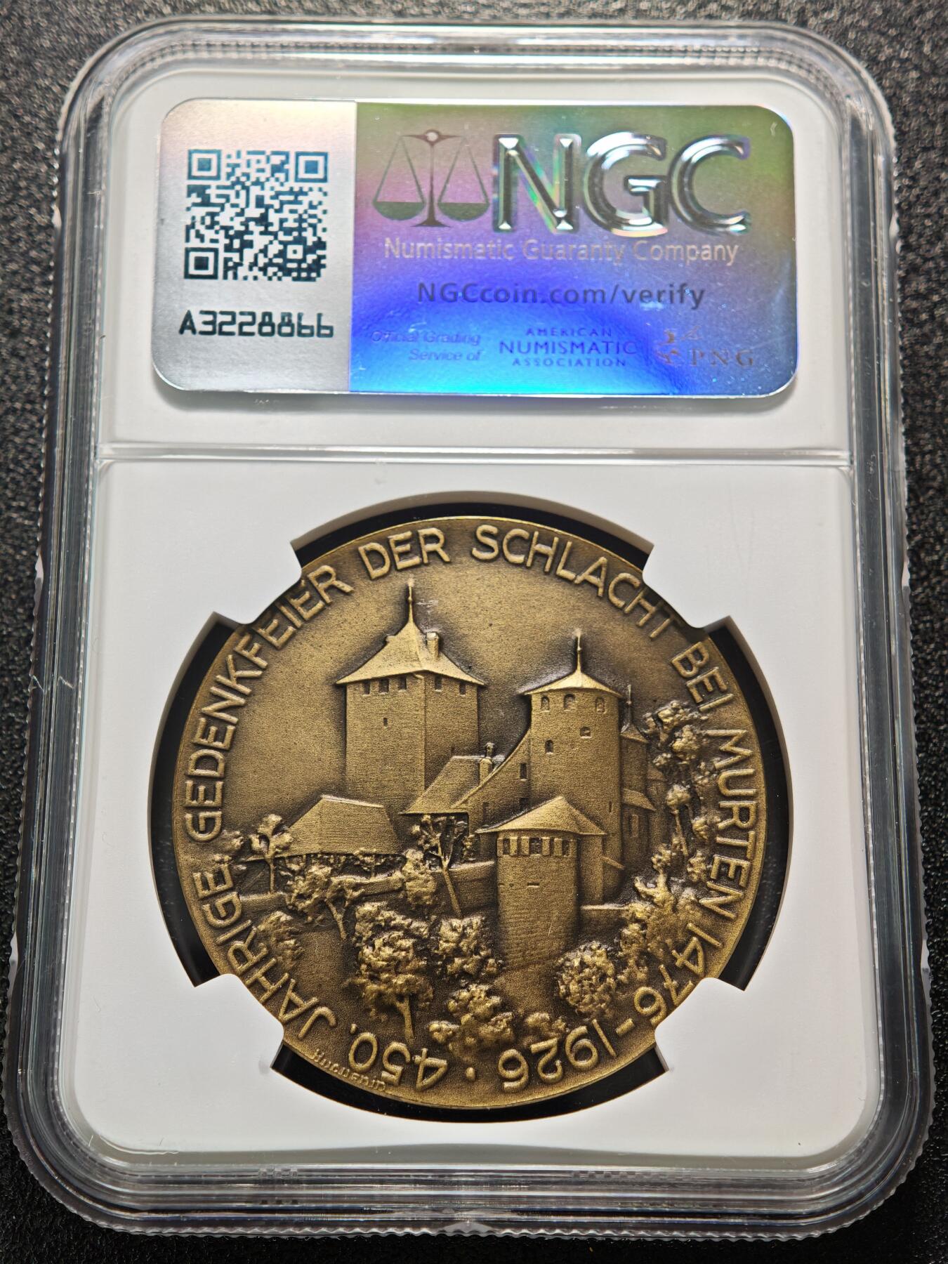 【德藏】世界币章拍卖第152期（拍品征集中~欢迎藏友联系） 1926年 瑞士穆尔滕战役450周年纪念铜章  浮雕感极强 人物刻画传神 NGC MS64BN 穆尔滕战役‌是1476年瑞士联邦与勃艮第公国在瑞士穆尔滕地区爆发的关键战役(详细介绍请看拍品介绍)
