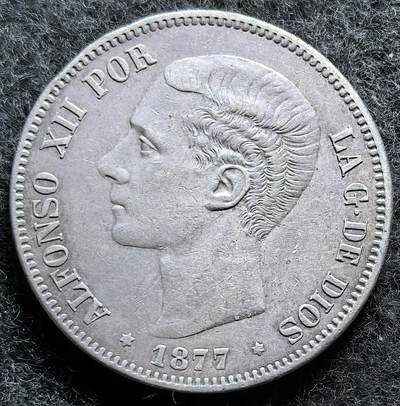 西班牙、丹属西印度、法属殖民地、乌拉圭银币古铜币，周五晚上九点倒数截拍，满百包邮，可寄存半年，喜欢朋友微信扫描二维码可直接参拍 - 好品相西班牙1877年5比塞塔大银币，km676