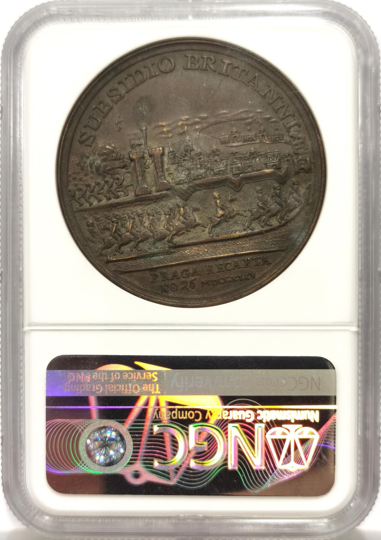 博洋堂“物美丰成”11月精品专场暨第145期（全场包邮） NGC XF45 英国1744年英国夺回布拉格纪念铜章 极少见品种，发行量仅260枚。章正面战争场面宏大，细节很棒，查尔斯·亚历山大王子脸部表情清晰可见，分数低评，该枚为NGC唯一冠军分，PCGS无入盒记录