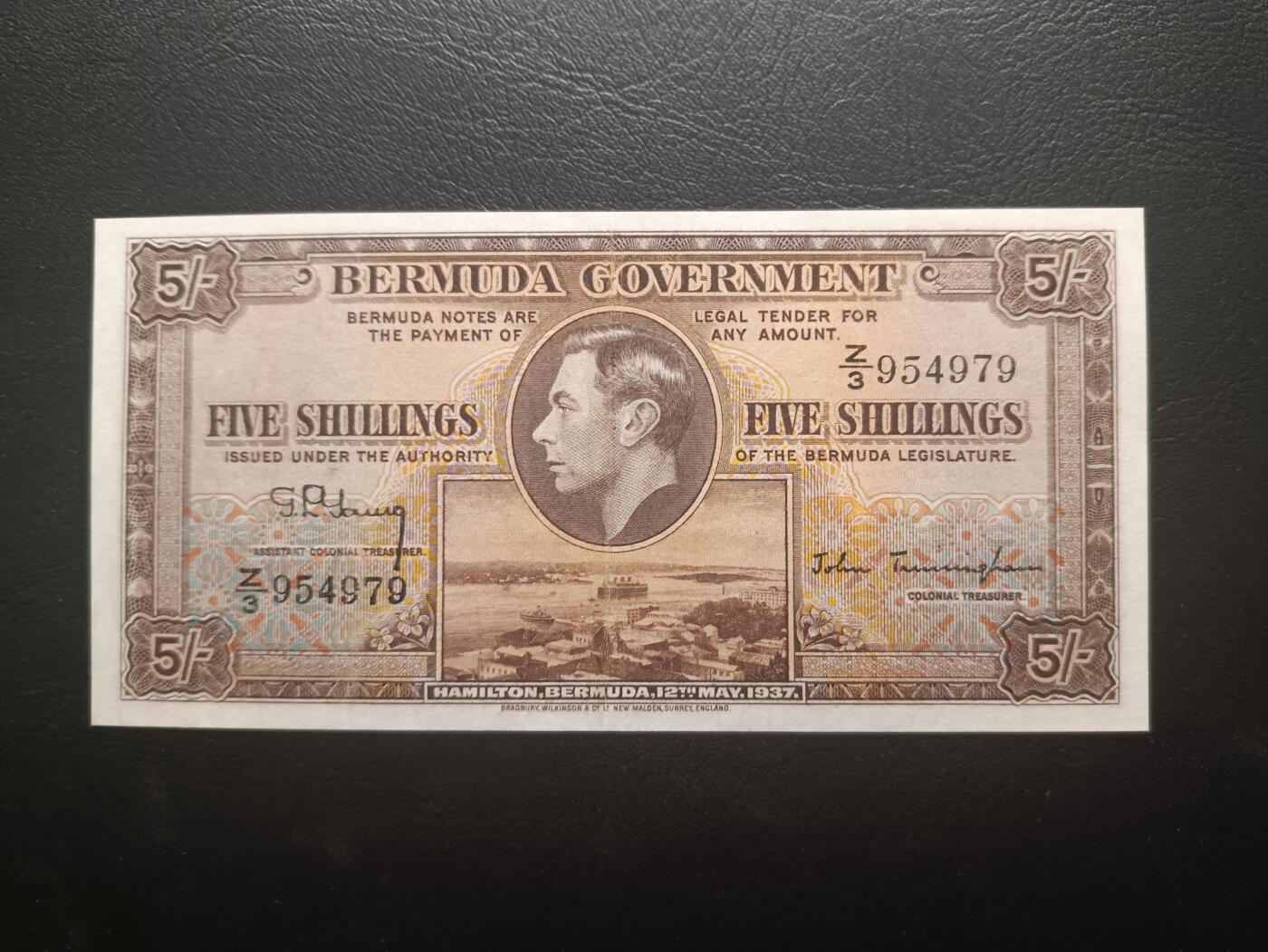 2025十一月第二期，总第200期 英属百慕大1937版5先令AUNC，乔治六世国王和总督府徽章