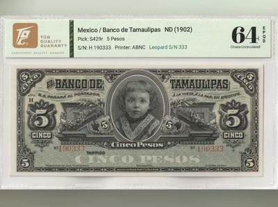 【礼羽收藏】🌏世界钱币拍卖第110期 - 墨西哥 1902年5比索 二犬观湖 ABNC出品 大票幅 TQG64EPQD