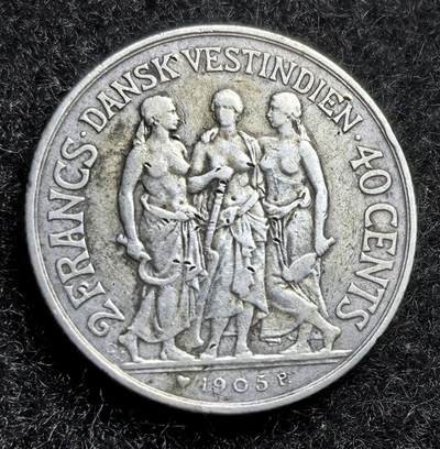 西班牙、丹属西印度、法属殖民地、乌拉圭银币古铜币，周五晚上九点倒数截拍，满百包邮，可寄存半年，喜欢朋友微信扫描二维码可直接参拍 - 好品丹属西印度1905年40分银币，km80