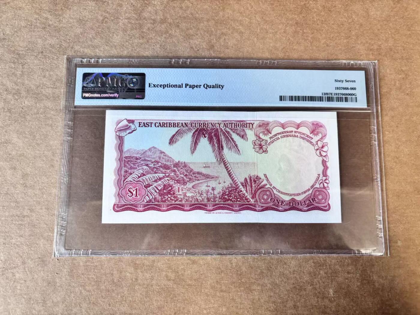 【Blue Auction】世界纸币精拍第747期——18级TOP拍卖/信誉/品质/专业/高效💫 东加勒比 1965年1元 戎装女王  PMG67EPQ