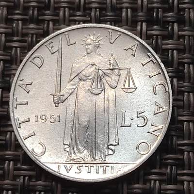 布加迪🐬～世界钱币(上海)🌾第 258 期 /  各国套币和散币 - 梵蒂冈🇻🇦 1951年 5里拉铝币 庇护十二世 20.2mm