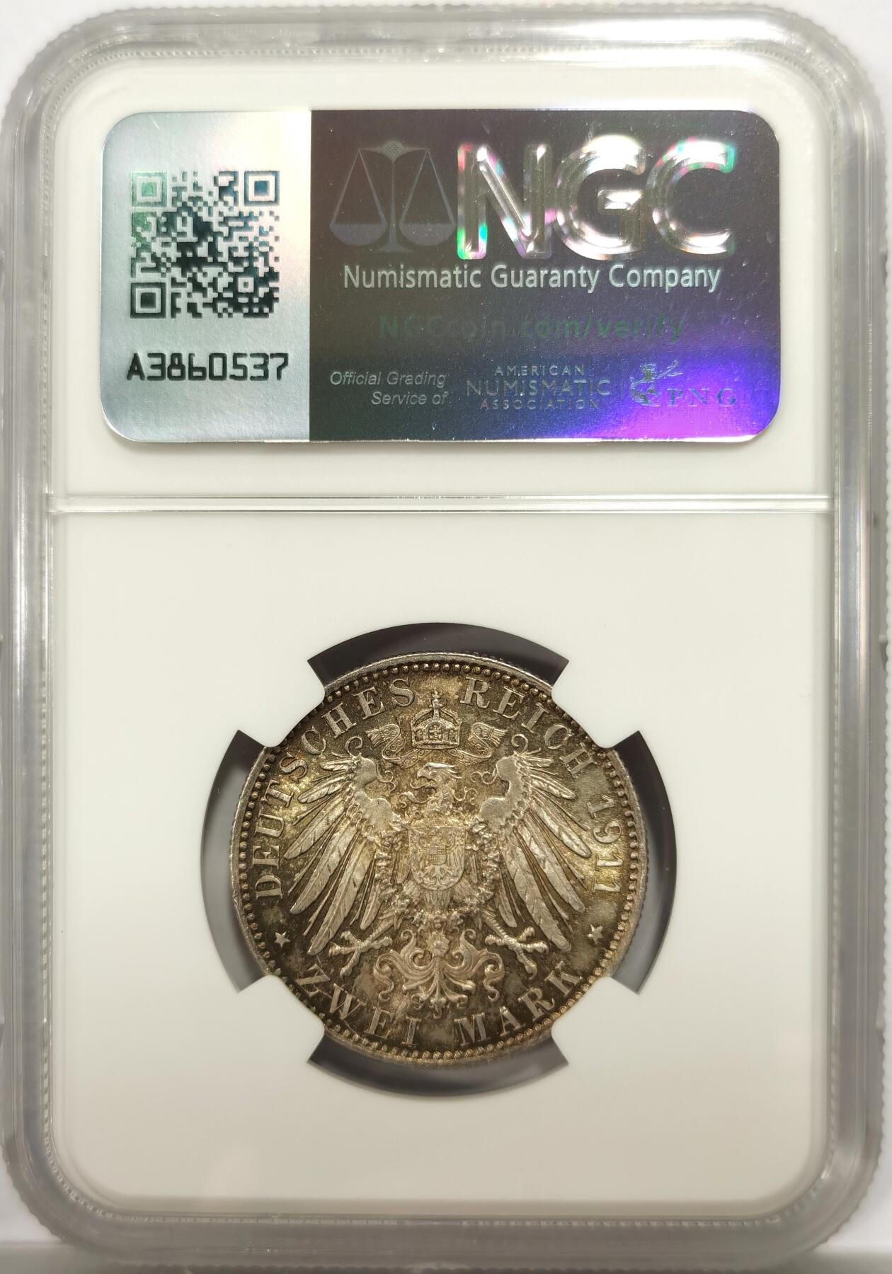 博洋堂“物美丰成”11月精品专场暨第145期（全场包邮） NGC MS65 德国巴伐利亚1911年利奥波德聂政王90寿辰2马克银币，环彩好状态。