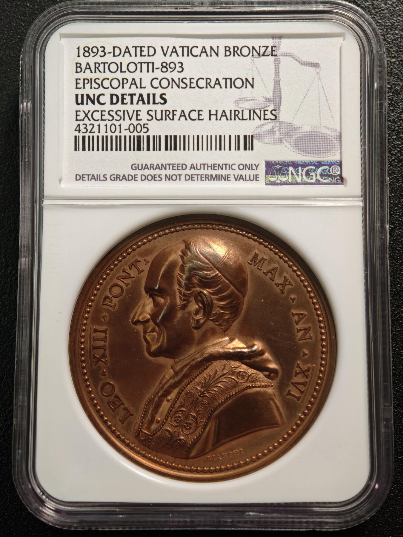 【德藏】世界币章拍卖第152期（拍品征集中~欢迎藏友联系） 1893年 梵蒂冈教皇利奥十三世高浮雕纪念铜章 细节设计立体且细腻 人物刻画传神 NGC UNC