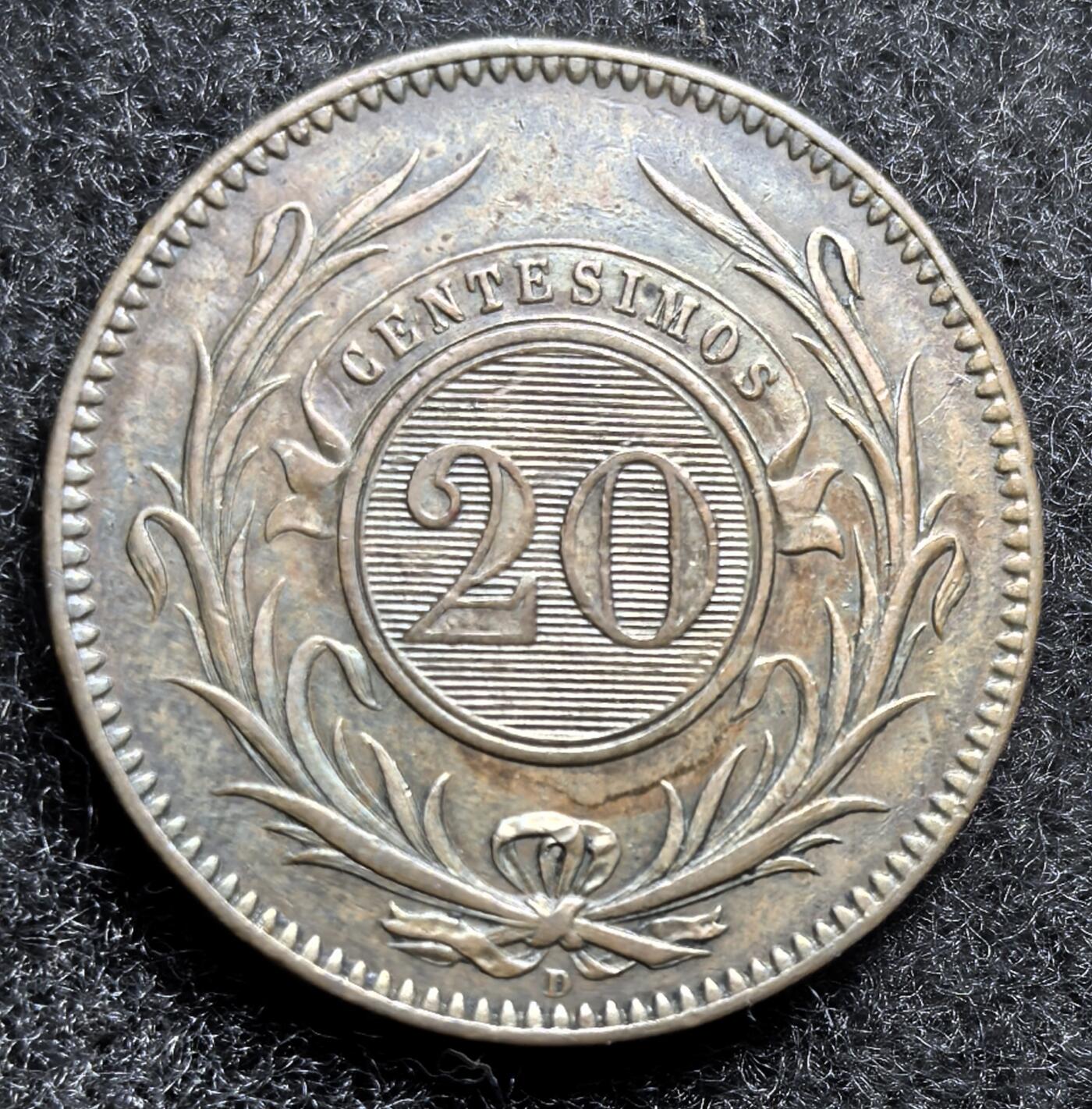 西班牙、丹属西印度、法属殖民地、乌拉圭银币古铜币，周五晚上九点倒数截拍，满百包邮，可寄存半年，喜欢朋友微信扫描二维码可直接参拍 AU乌拉圭1857年20分，km9