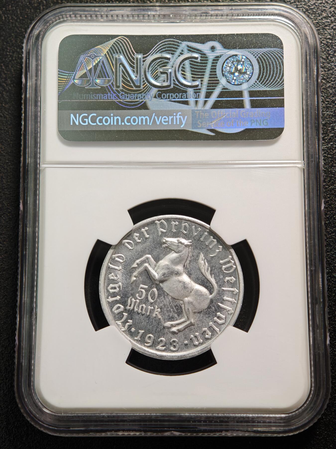 【德藏】世界币章拍卖第152期（拍品征集中~欢迎藏友联系） 1923年 德国德紧威斯特法伦女诗人像50马克马币铝币  原光十足 NGC MS63