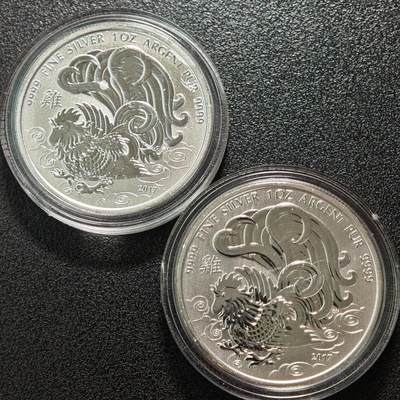 【德藏】世界币章拍卖第152期（拍品征集中~欢迎藏友联系） - 2枚一组 2017年 加拿大生肖鸡年5元纪念银币 9999银 直径约：38mm/枚；重1盎司/枚