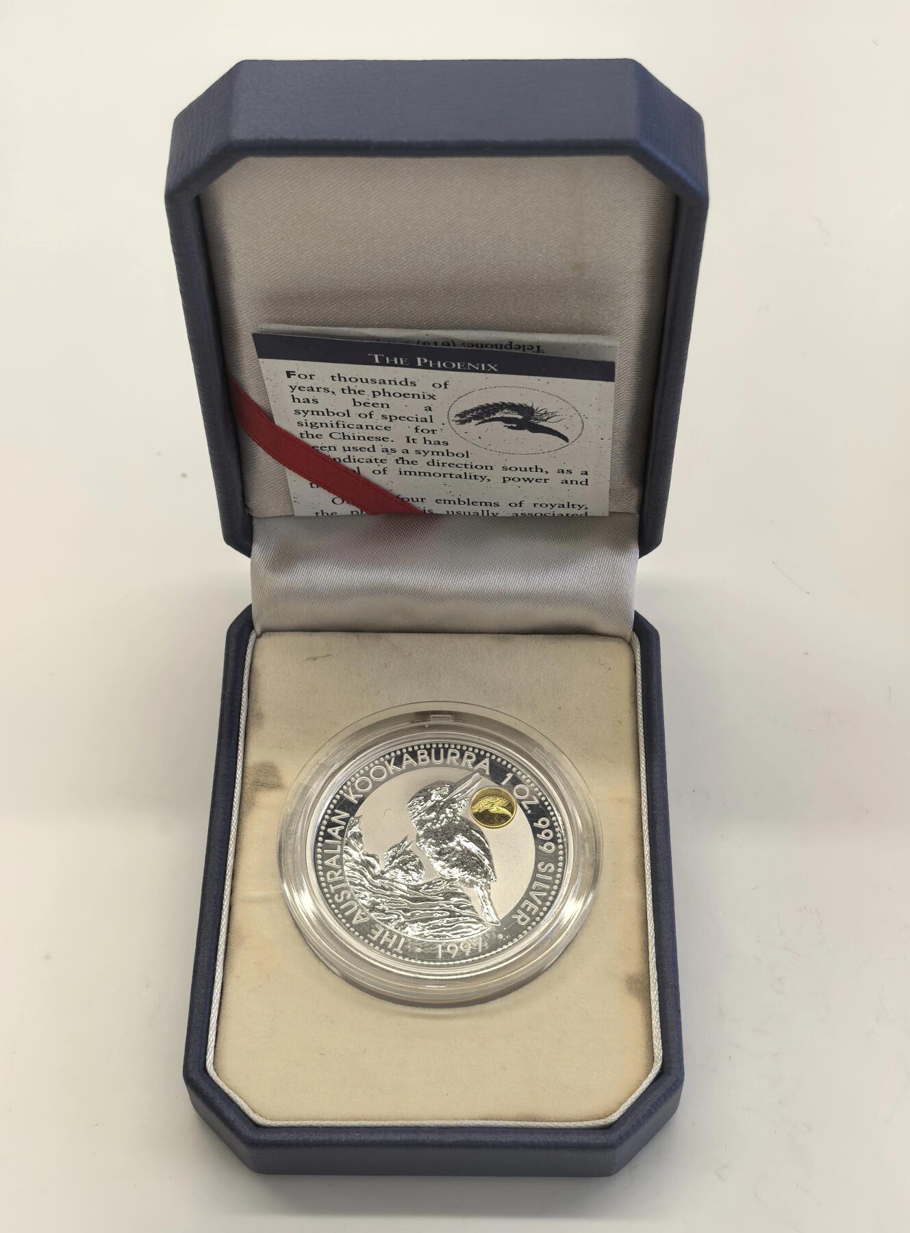 博洋堂“物美丰成”11月精品专场暨第145期（全场包邮） 澳大利亚1997年翠鸟镶嵌0.5克黄金凤凰1盎司银币，原盒证