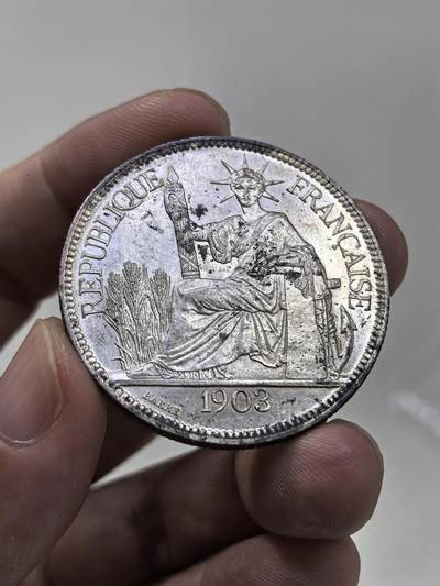 博洋堂“物美丰成”11月精品专场暨第145期（全场包邮） - BU状态法属印支1903年坐洋银元，双面带镜面转光，状态极美，坐人女神的五官十分犀利，这种状态的好裸币难寻了，一点点黑渍可以养护去除