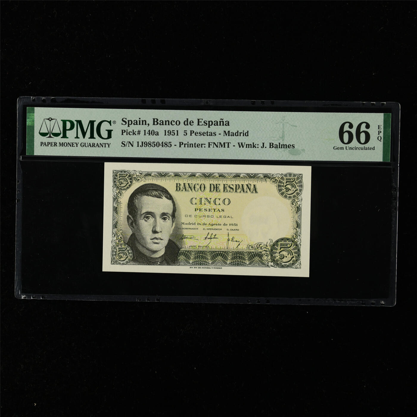 【亘邦集藏】第216期拍卖 1951年 西班牙5比塞塔 PMG 66EPQ 1J9850485