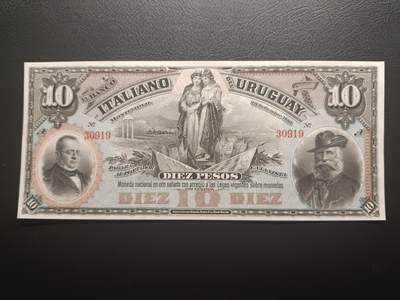 2025十一月第二期，总第200期 - 乌拉圭意大利银行1887年10比索UNC有针孔无47，极稀有的乌拉圭外资银行品种，正面是时任乌拉圭总统的奥多涅斯将军和发现新大陆的哥伦布，而背面是女性肖像坐在象征工业的铁砧飞轮和棉纱包中，背景是飞驰的火车