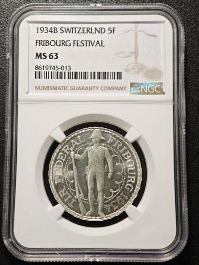 【德藏】世界币章拍卖第152期（拍品征集中~欢迎藏友联系） - 1934年 瑞士弗莱堡射击节5法郎银币 转光十足 状态极佳 NGC MS63
