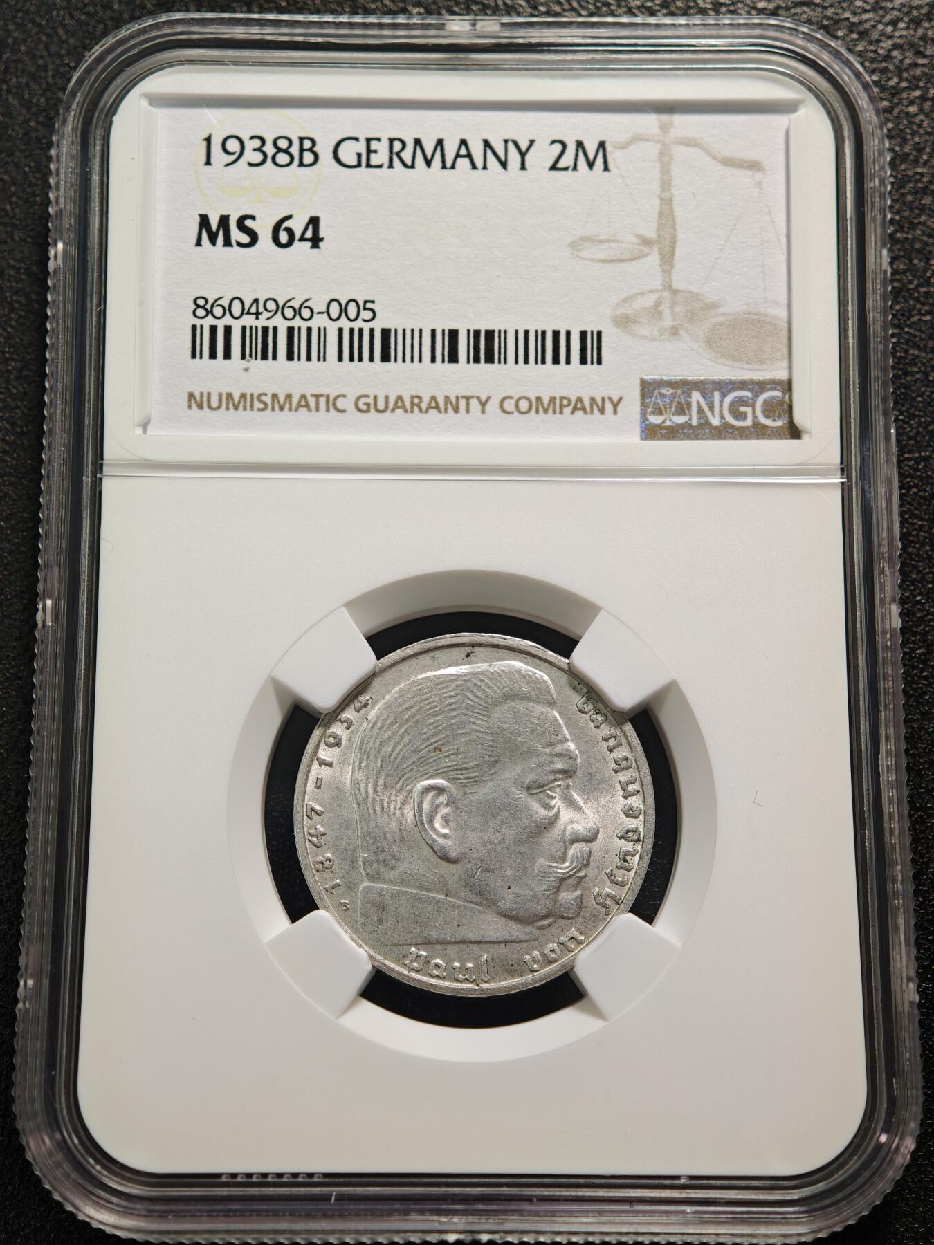 【德藏】世界币章拍卖第152期（拍品征集中~欢迎藏友联系） 1938年 德国兴登堡头像2马克银币 原光十足 NGC MS64 （原图请查询NGC评级公司官网）