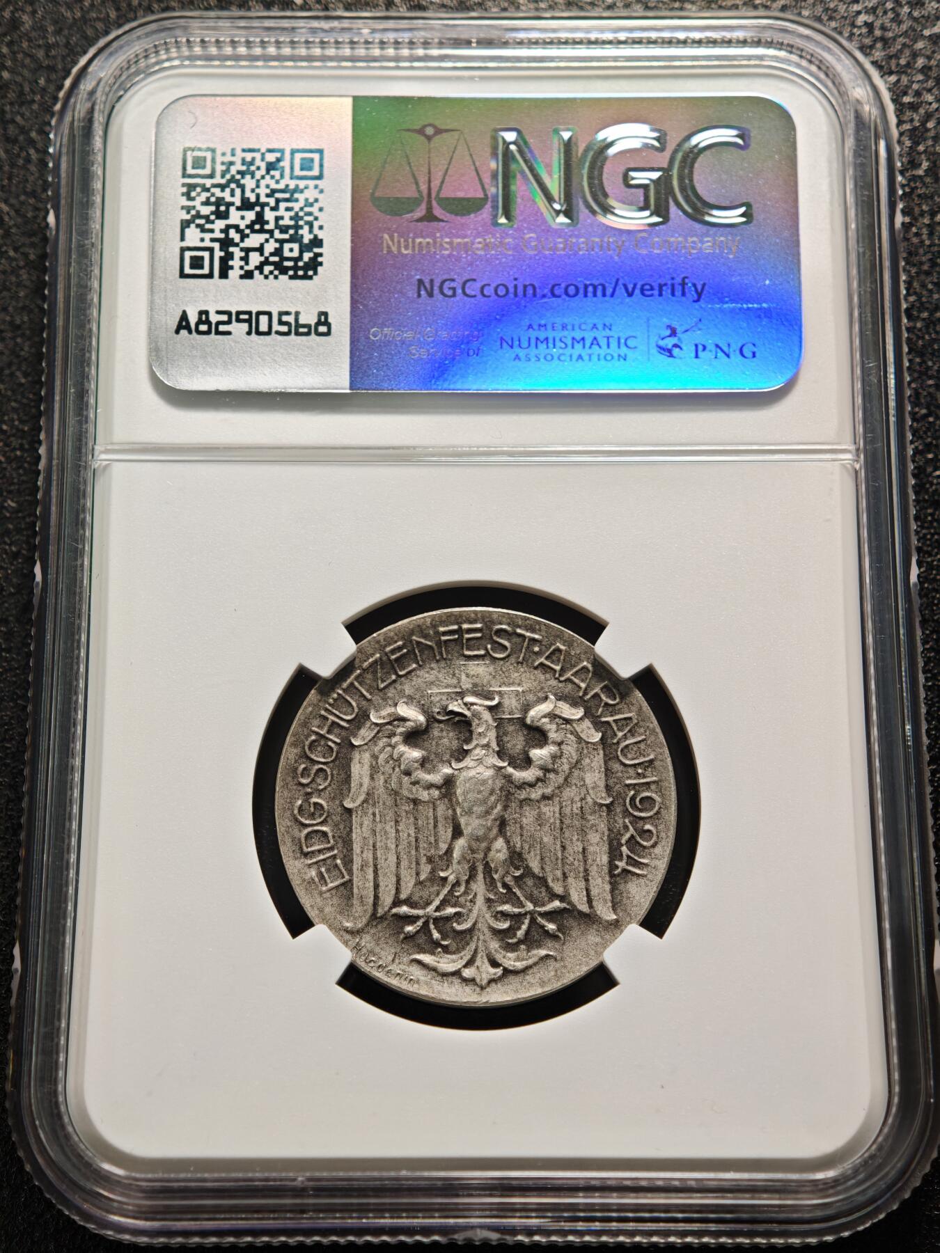 【德藏】世界币章拍卖第152期（拍品征集中~欢迎藏友联系） 1924年 瑞士阿尔高州阿劳射击节银章  磨砂质感 鹰徽细腻 整体包浆搭配图案映衬出十足朦胧感 NGC MS64