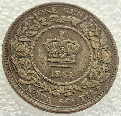  外国优质老铜币银币，周六九点倒数截拍，满百包邮，可寄存半年，喜欢朋友微信扫描二维码可直接参拍 - 英属新斯科舍殖民地1864年皇冠壹分