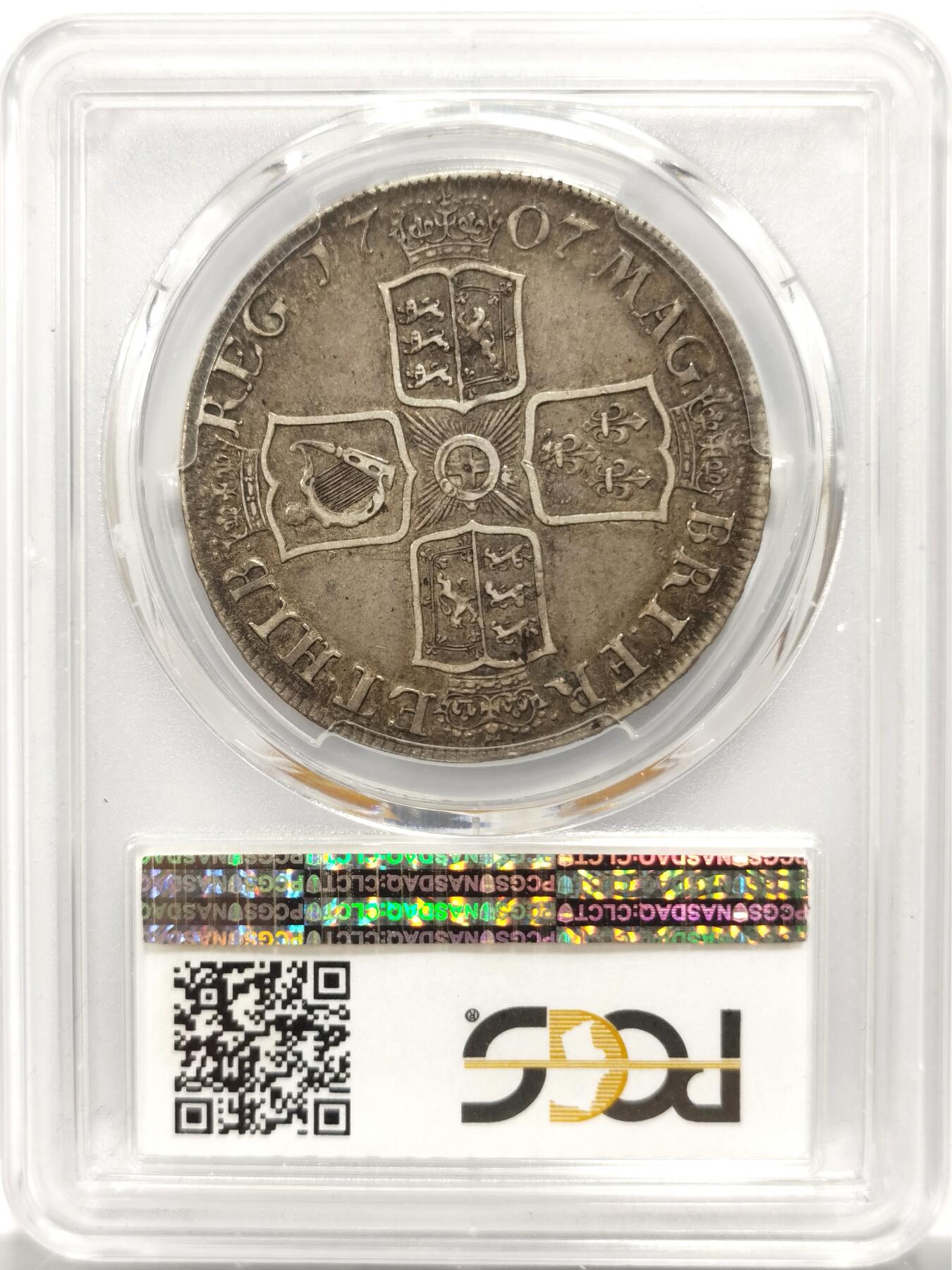博洋堂“物美丰成”11月精品专场暨第145期（全场包邮） PCGS XF40 英国1707年安妮女王克朗银币，300多年包浆原汁原味，同分中的佼佼者