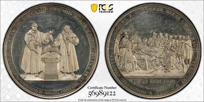 万国钱币拍卖第054期 - PCGS MS62PL 1830年德国萨克森奥格斯堡新教忏悔300周年纪念大银章 类精制镜面 大规格环金彩极美 银章由名家LOOS设计描绘了新教领袖路德向皇帝卡尔五世交付忏悔书 罕见品种类镜面精铸