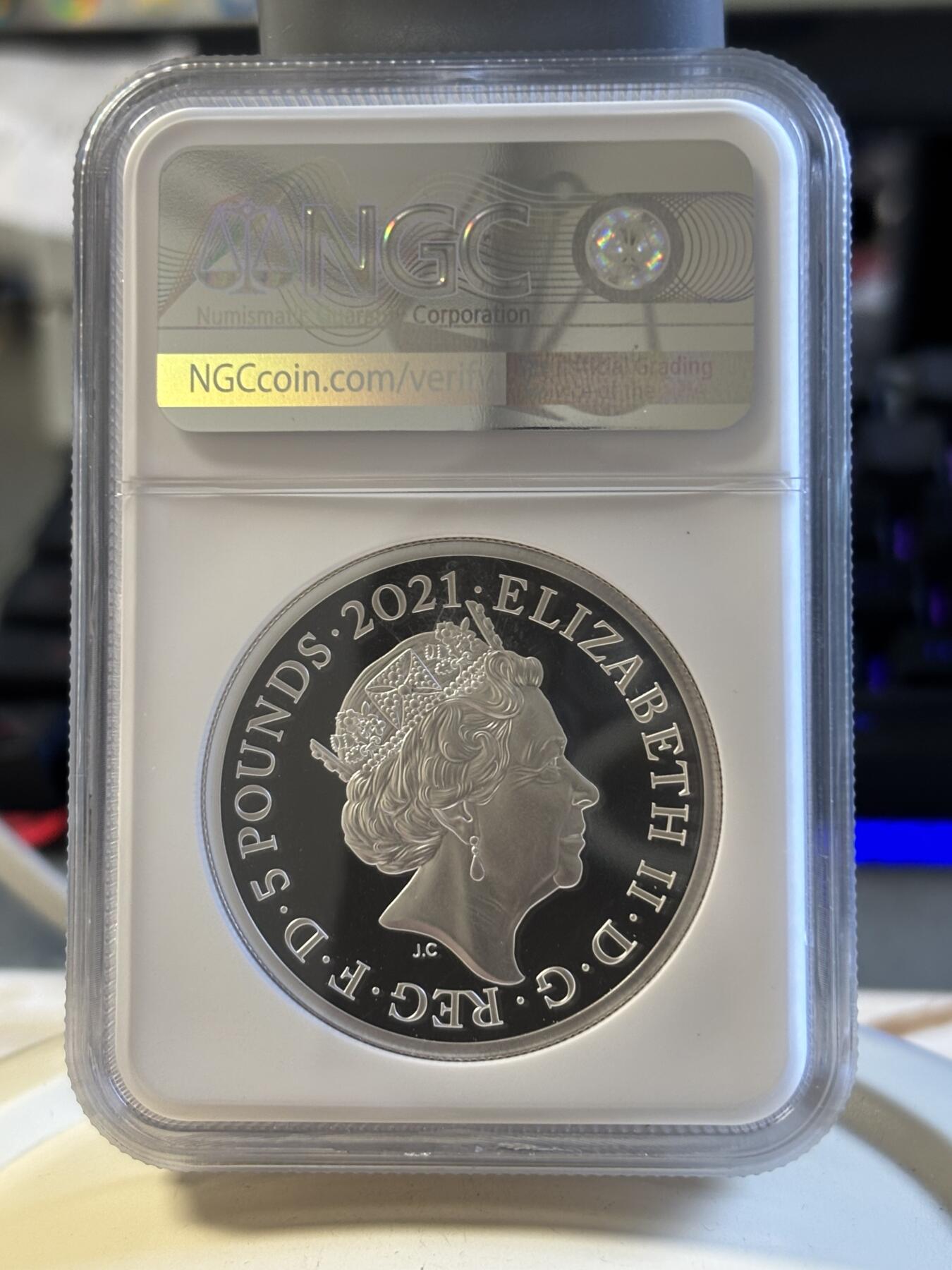 第181期拍卖  2021年英国5镑精制纪念加厚银币 雕刻师哥特人像NGC PF69无盒无证书，2盎司，999银