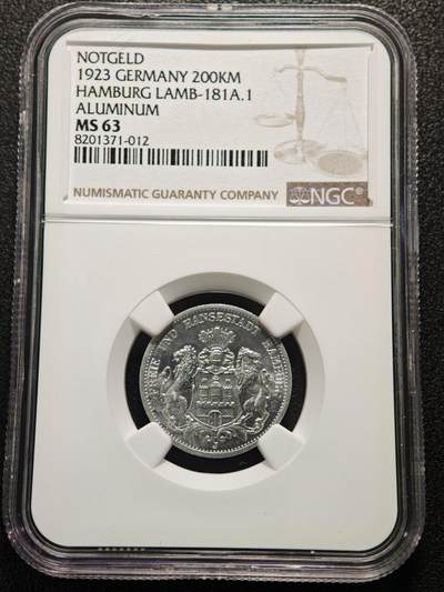 【德藏】世界币章拍卖第152期（拍品征集中~欢迎藏友联系） - 1923年 德国汉堡20万马克铝币  原光十足 状态极佳 NGC MS63