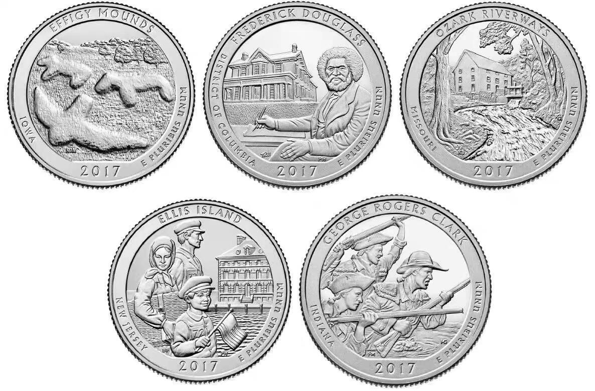 布加迪🐬～世界钱币(上海)🌾第 258 期 /  各国套币和散币 美国🇺🇸 2017年 25美分 国家公园纪念币系列5枚