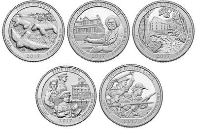 布加迪🐬～世界钱币(上海)🌾第 258 期 /  各国套币和散币 - 美国🇺🇸 2017年 25美分 国家公园纪念币系列5枚