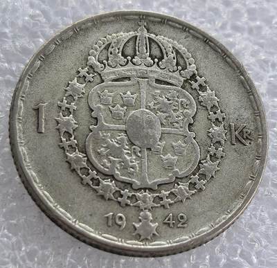  外国优质老铜币银币，周六九点倒数截拍，满百包邮，可寄存半年，喜欢朋友微信扫描二维码可直接参拍 - 瑞典1942年1克朗银币