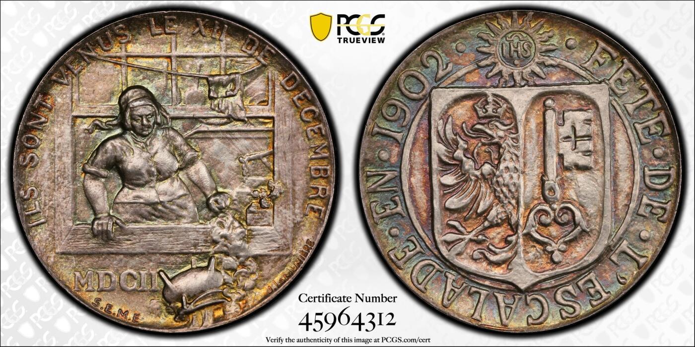 万国钱币拍卖第054期 PCGS SP67 1902年瑞士日内瓦埃斯卡莱德攻城战三百周年纪念银章 顶级天鹅绒五彩顶级PC唯一冠军分 来自詹姆斯·V·伯迪克收藏