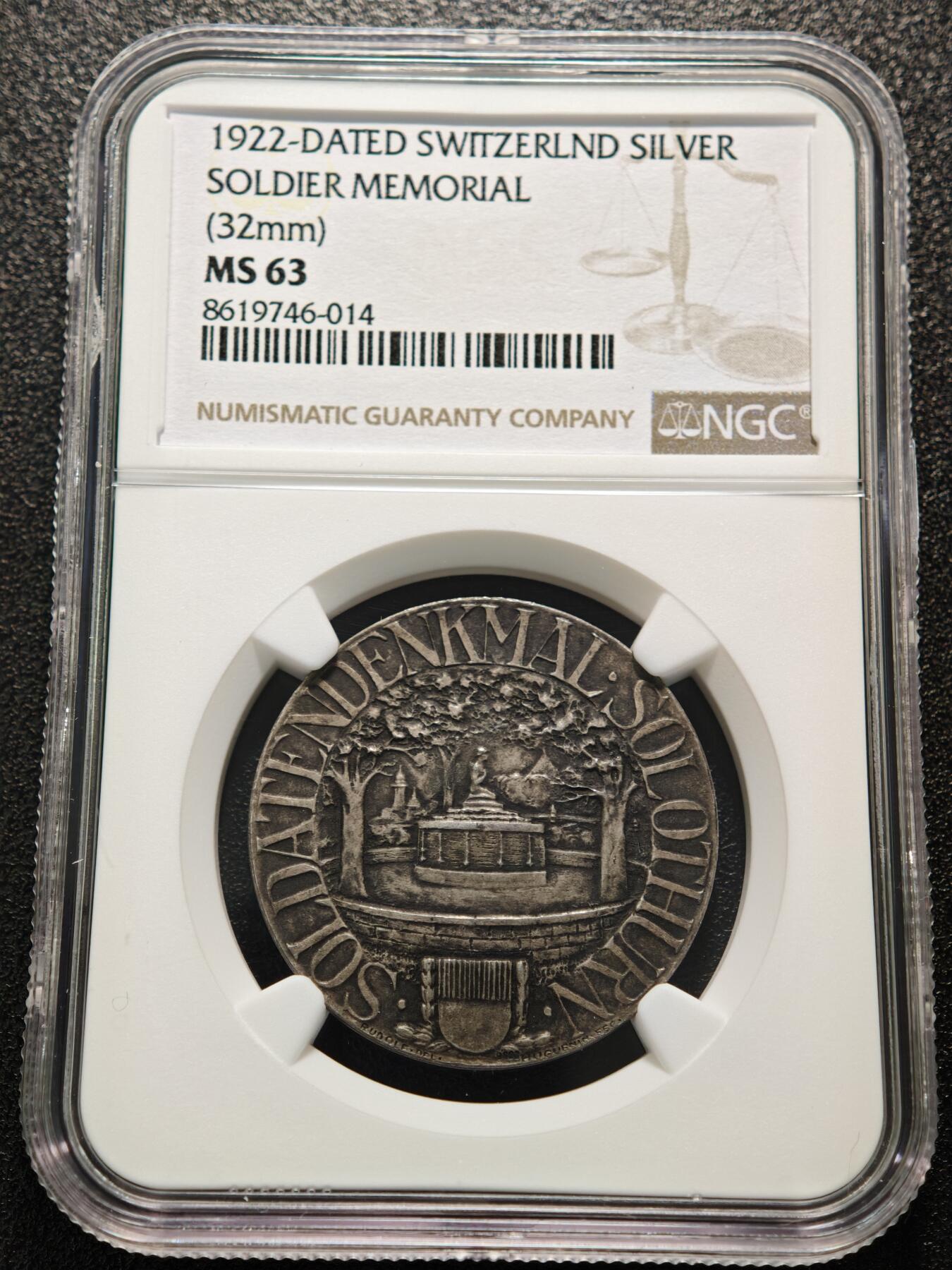 【德藏】世界币章拍卖第152期（拍品征集中~欢迎藏友联系） 1922年 瑞士伯尔尼索洛瑟恩士兵奖章纪念银章  原味老包浆 细节极强 层次感极强 NGC MS63