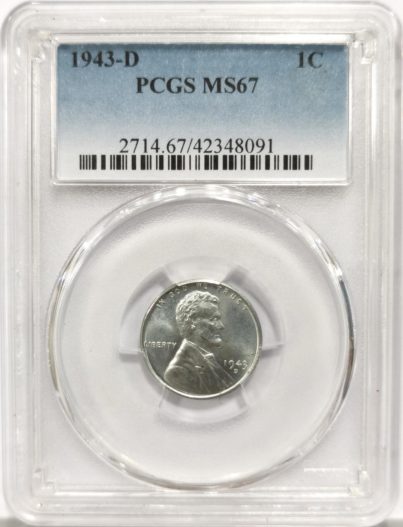 博洋堂“物美丰成”11月精品专场暨第145期（全场包邮） PCGS MS67 美国1943年林肯铁分 只发行了1943年，美币经典品种，高分很难得，MS68 2025.9.25SB成交价22279元，MS67性价比之王
