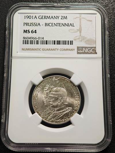 【德藏】世界币章拍卖第152期（拍品征集中~欢迎藏友联系） - 1901年 德国普鲁士建国200周年2马克银币 淡彩包浆 转光十足 状态极佳 NGC MS64