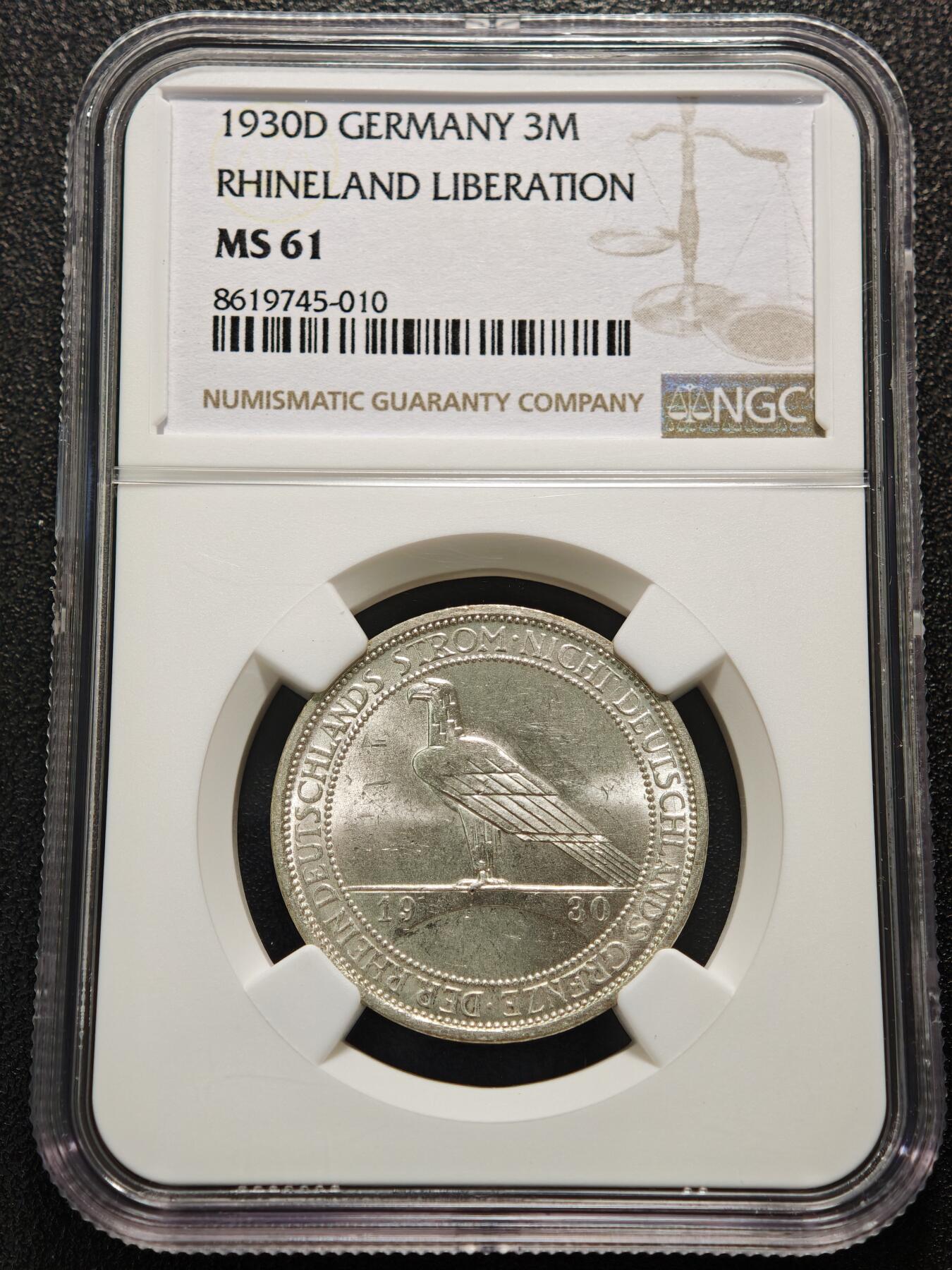 【德藏】世界币章拍卖第152期（拍品征集中~欢迎藏友联系） 1930年 德国魏玛莱茵解放鹰桥3马克银币 原光极强 状态极佳 NGC MS61
