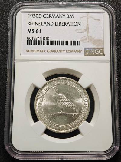 【德藏】世界币章拍卖第152期（拍品征集中~欢迎藏友联系） - 1930年 德国魏玛莱茵解放鹰桥3马克银币 原光极强 状态极佳 NGC MS61