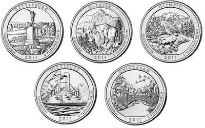 布加迪🐬～世界钱币(上海)🌾第 258 期 /  各国套币和散币 - 美国🇺🇸 2011年 25美分 国家公园纪念币系列5枚