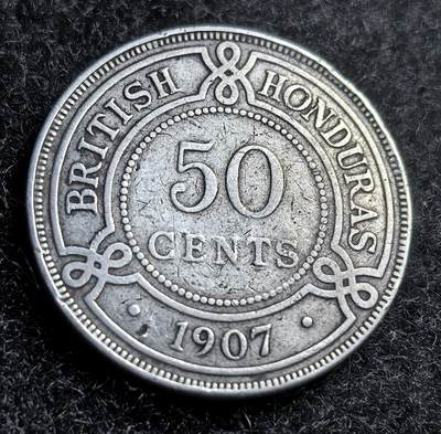 西班牙、丹属西印度、法属殖民地、乌拉圭银币古铜币，周五晚上九点倒数截拍，满百包邮，可寄存半年，喜欢朋友微信扫描二维码可直接参拍 - 好品相英属洪都拉斯1907年50分银币，km13
