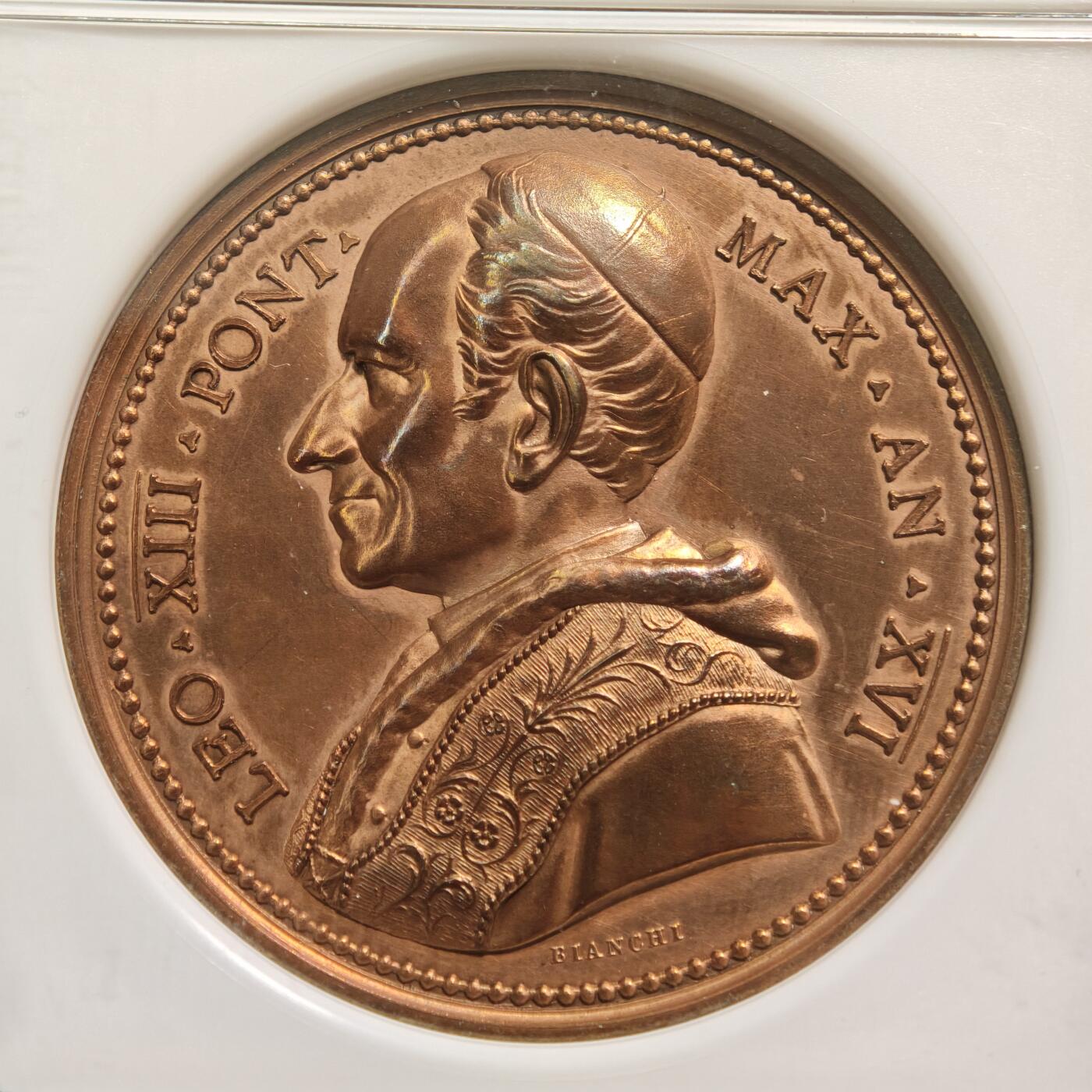 【德藏】世界币章拍卖第152期（拍品征集中~欢迎藏友联系） 1893年 梵蒂冈教皇利奥十三世高浮雕纪念铜章 细节设计立体且细腻 人物刻画传神 NGC UNC