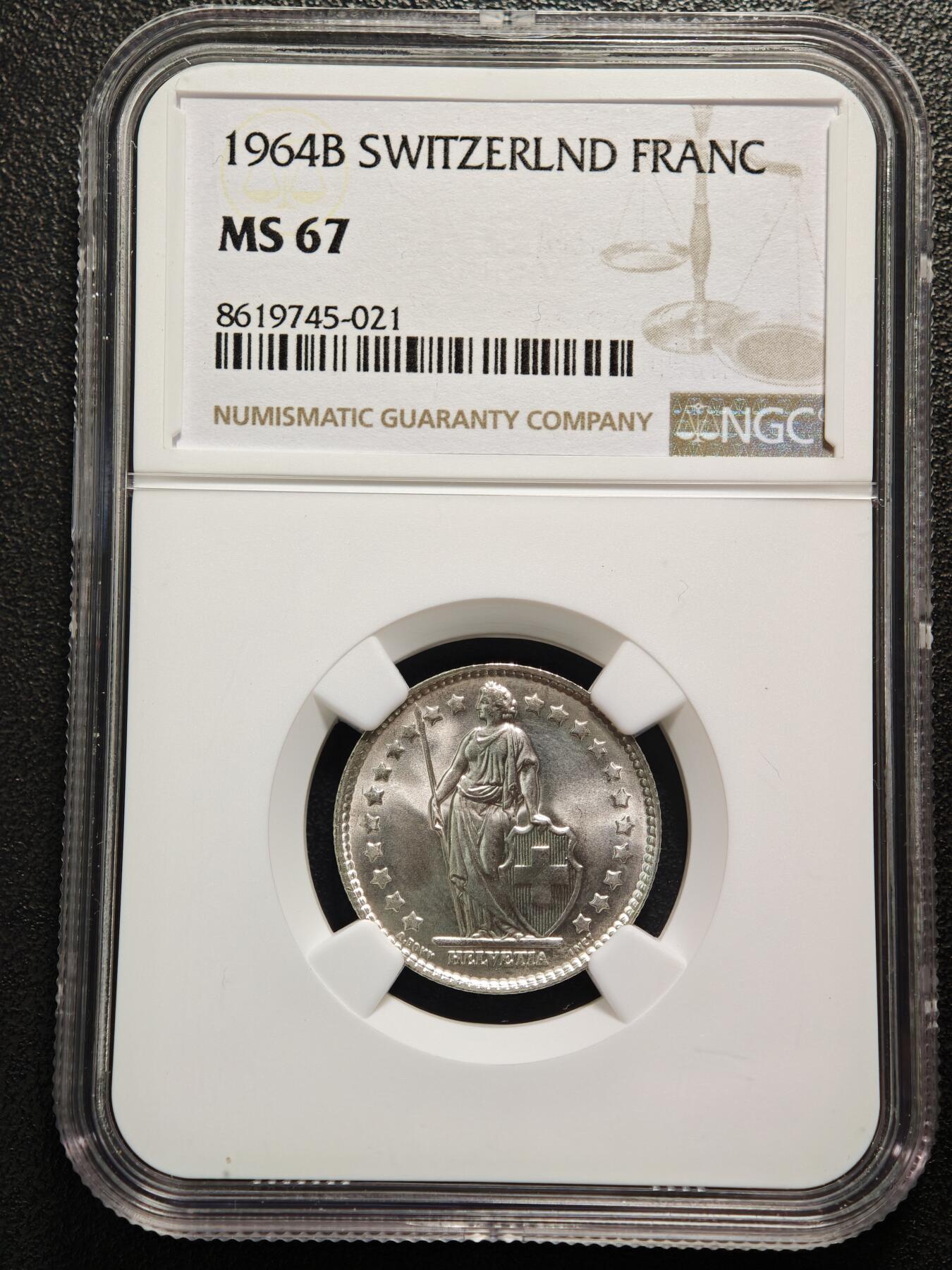 【德藏】世界币章拍卖第152期（拍品征集中~欢迎藏友联系） 1964年 瑞士法郎银币  原光十足 NGC MS67