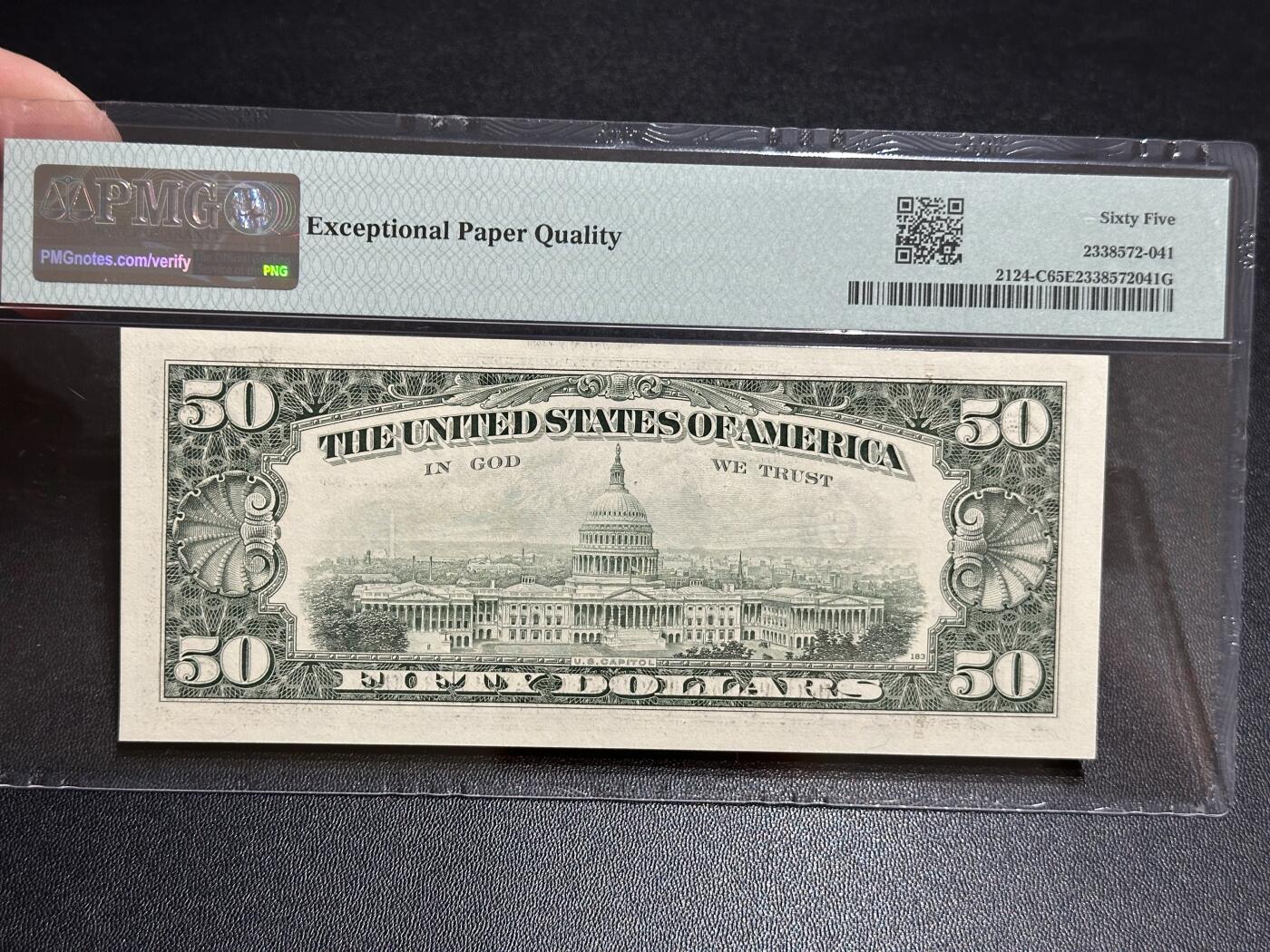 《外钞收藏家》第五百八十二期（精品场）（本平台长期征集拍品、欢迎藏友们联系合作） 1990年美国小头版50美元 PMG65 无47尾656 