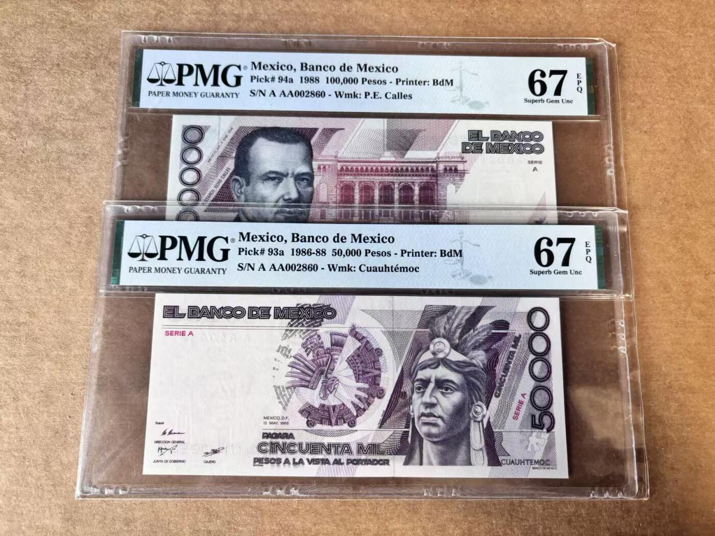 【Blue Auction】世界纸币精拍第747期——18级TOP拍卖/信誉/品质/专业/高效💫 【一组13张 首发全同千位小号无47】墨西哥 1969-88年5-10万比索 背面古迹 设计精美 PMG68EPQ-65EPQ 