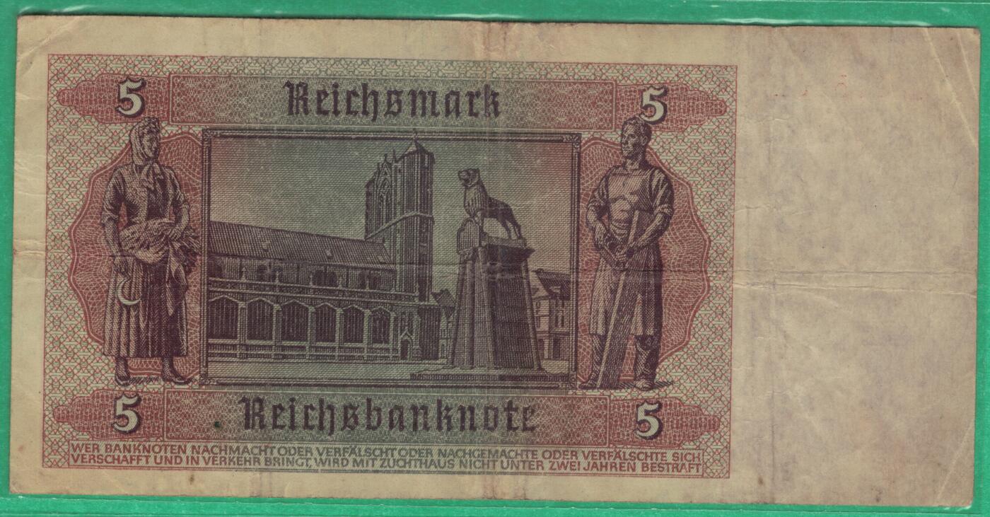 德国1940年至1945年5马克(二战时期) P-R138a 七位号码 无4 实物图 八五品