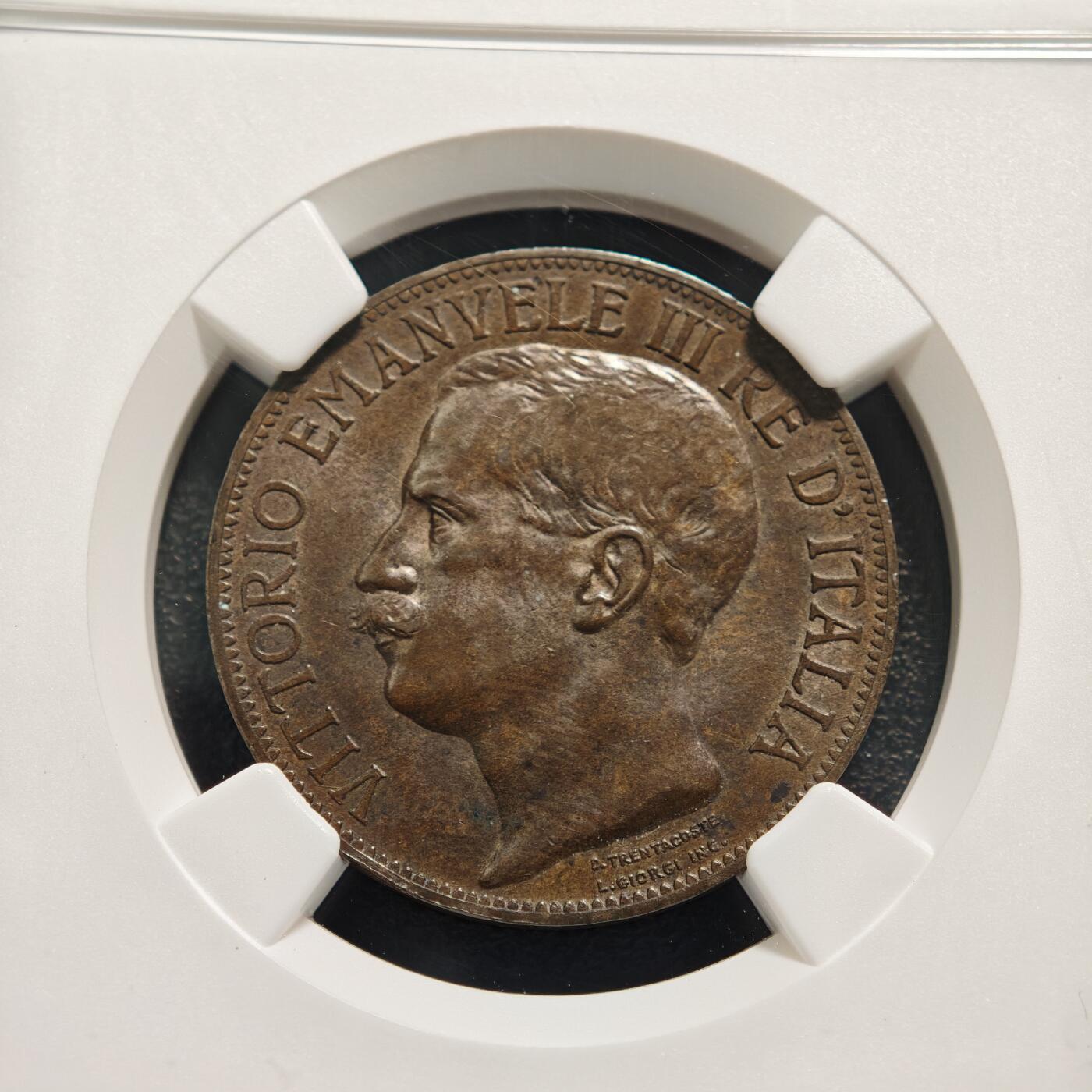 【德藏】世界币章拍卖第152期（拍品征集中~欢迎藏友联系） 1911年 意大利伊曼纽尔三世建国50周年10分纪念铜币(俗称托奶） 状态极佳 NGC AU58BN